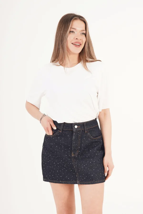 Taş İşlemeli Işıltılı Koyu Kot Toptan Mini Denim Etek