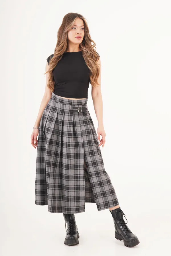 Kemer Detaylı Yan Yırtmaçlı Gri Ekose Toptan Uzun Etek