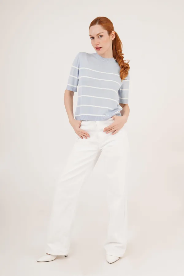 Çizgili Kısa Kol Bebe Mavisi Toptan Bluz