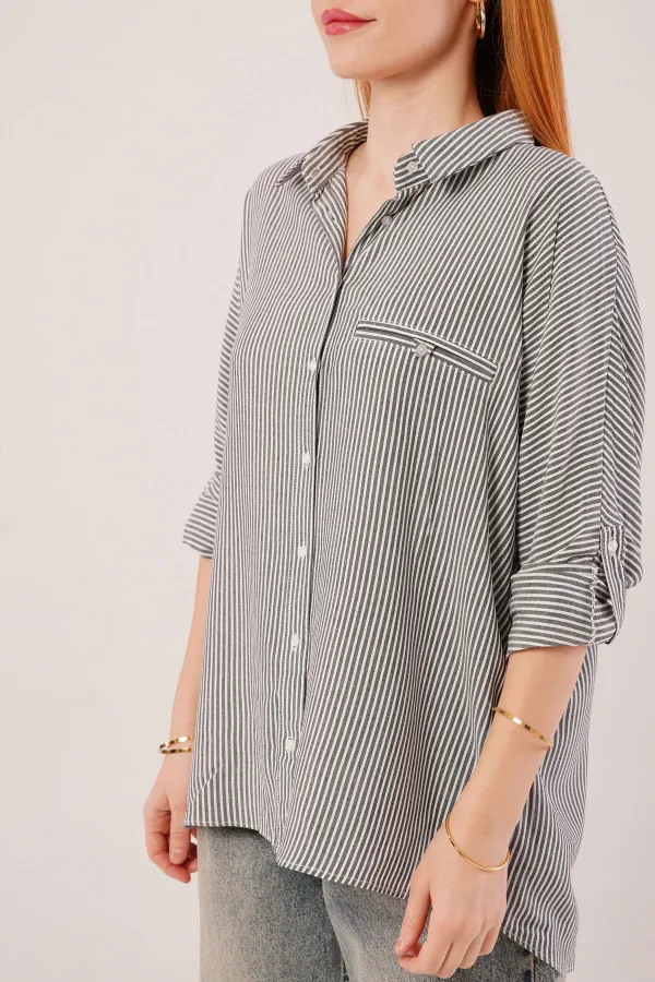 Cep Detay Gri Oversize Çizgili Toptan Gömlek