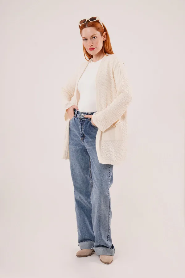 Cepli Salaş Model Triko Uzun Toptan Krem Hırka