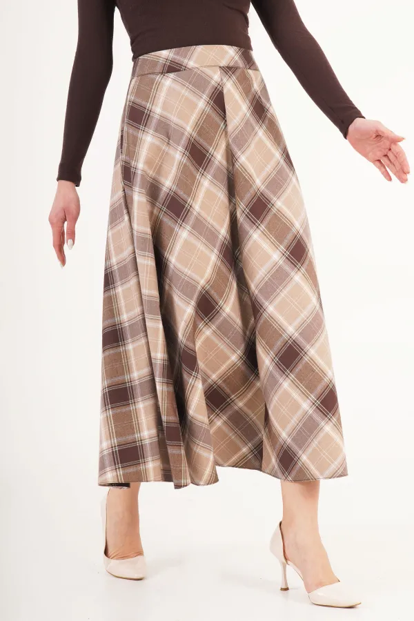 Kareli Yüksek Bel Trend Bej Toptan Etek