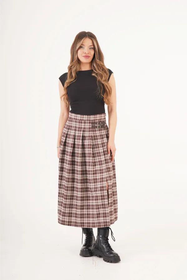 Kemer Detaylı Yan Yırtmaçlı Kahve Ekose Toptan Uzun Etek
