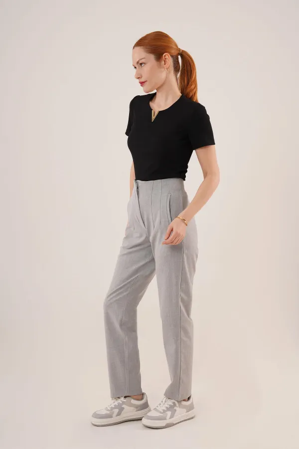 Çift Pens Detaylı Toptan Gri Pantolon