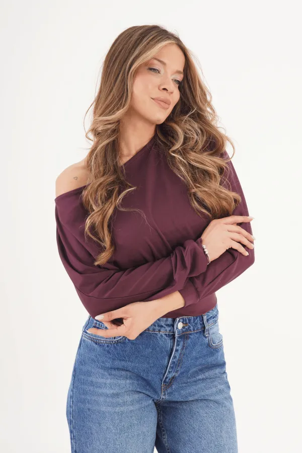 İnce Oys Kumaş Yarasa Kol Toptan Mürdüm Bluz