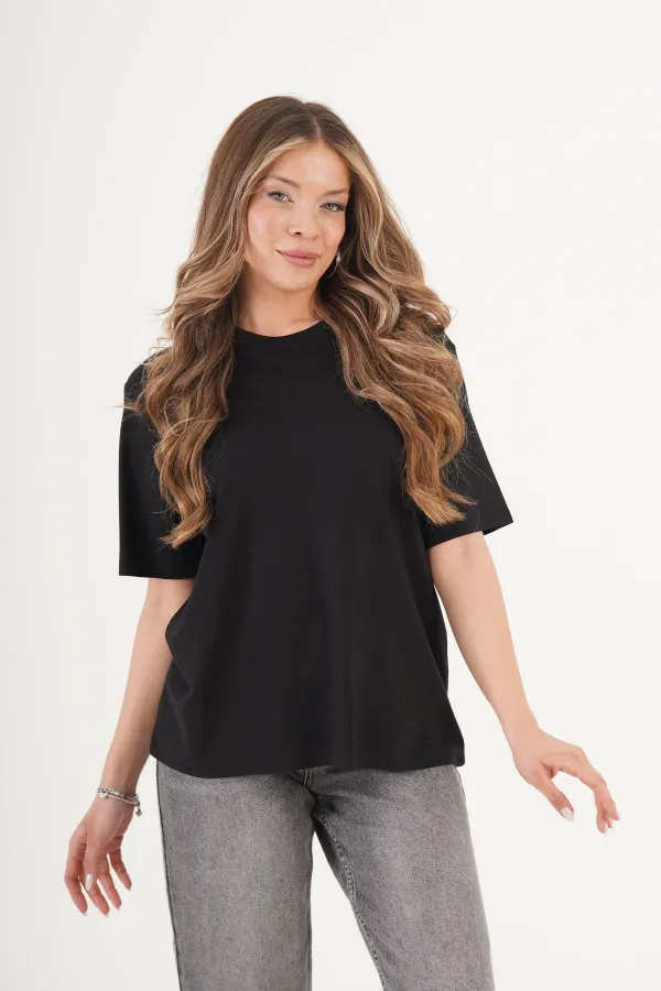 Dikiş Detaylı Bisiklet Yaka Toptan Siyah Tişört