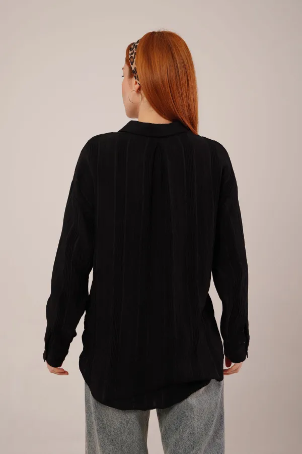 Hakim Yaka Çizgili Cep Detaylı Toptan Siyah Gömlek