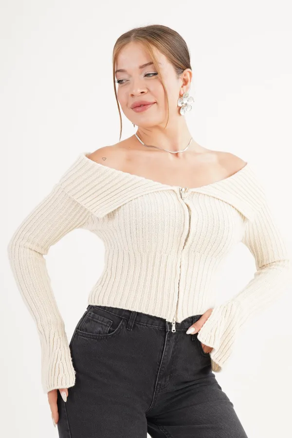 Madonna Yaka Full Fermuarlı Toptan Taş Triko Bluz