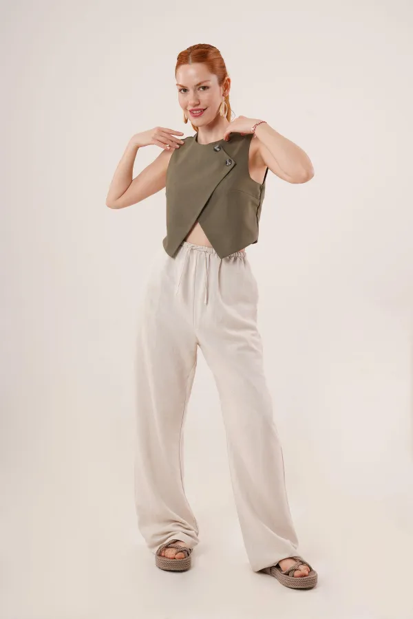 Çift Düğmeli Çapraz Model Haki Toptan Yelek