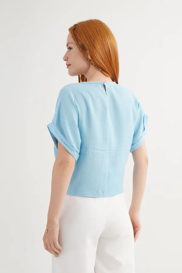 Ön Dantel Detaylı Toptan Mavi Bluz