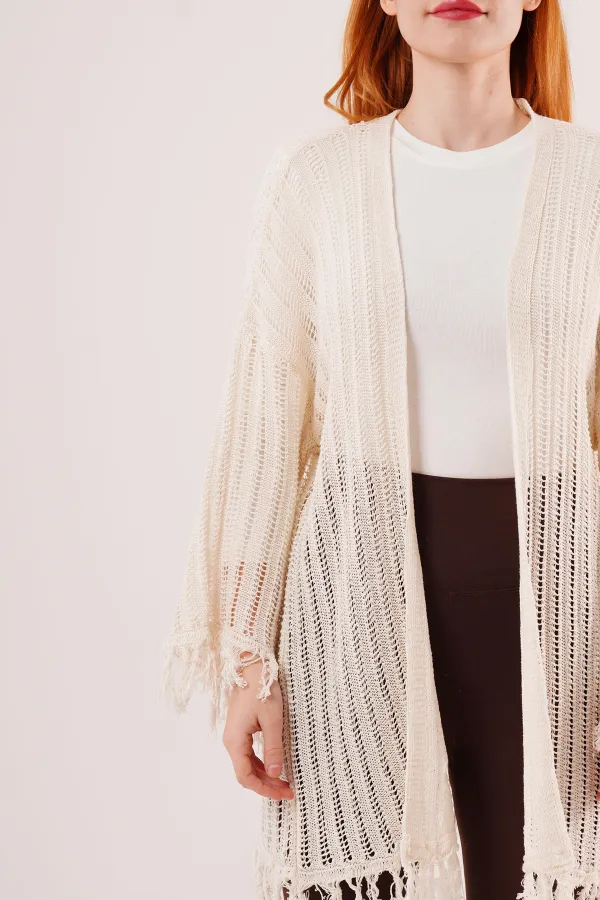 Püskül Detaylı Delikli Model Toptan Krem Hırka