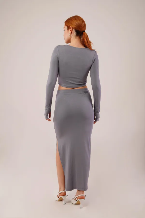 Kare Yaka Bluz Ve Yırtmaç Detaylı Etek Toptan İkili Gri Takım