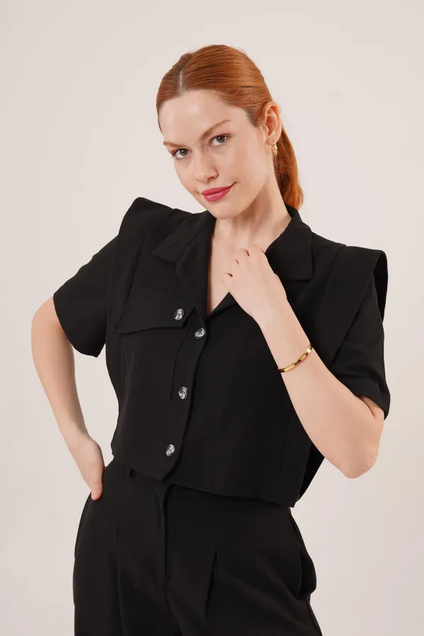 Cepli Düğmeli Bluz Ve Diz Detaylı Pantolon Siyah Toptan İkili Takım