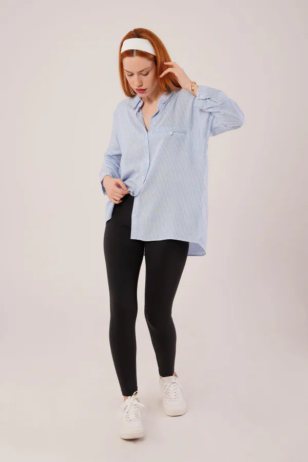 Cep Detay Mavi Oversize Çizgili Toptan Gömlek