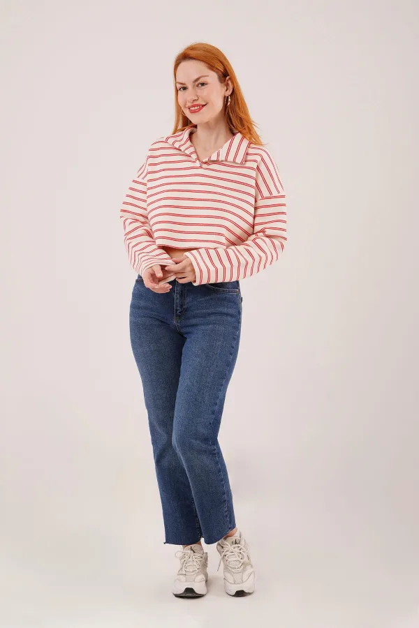 Polo Yaka Kırmızı Çizgili Toptan Crop Sweatshirt