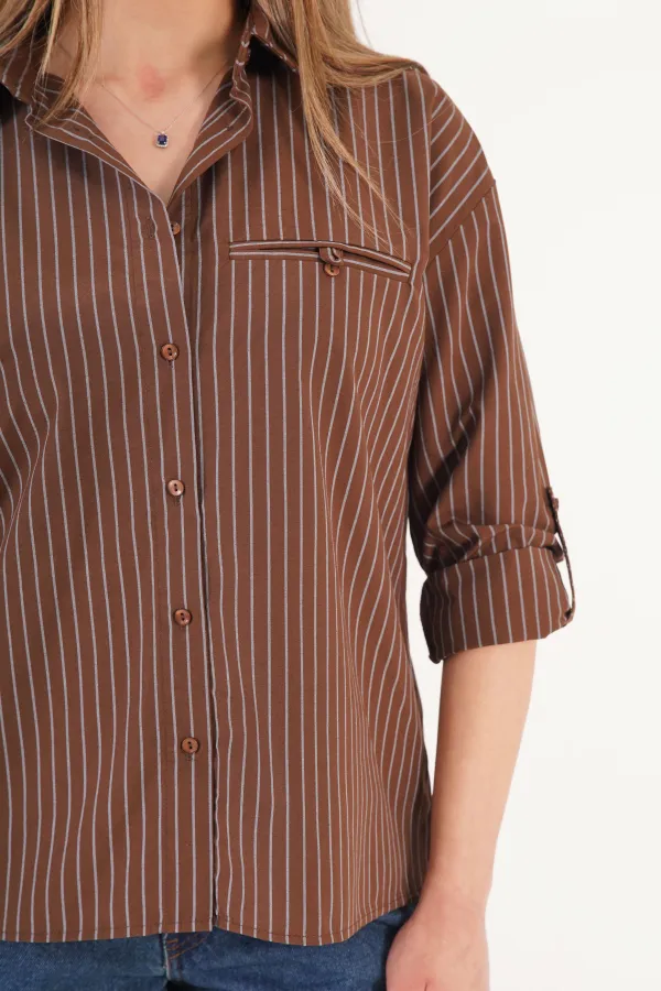 Kontrast Mavi Çizgili Kol Manşetli Kahve Toptan Gömlek