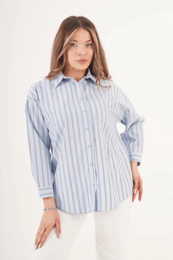 Çizgili Arkası Düğme Detaylı Toptan Mavi Gömlek