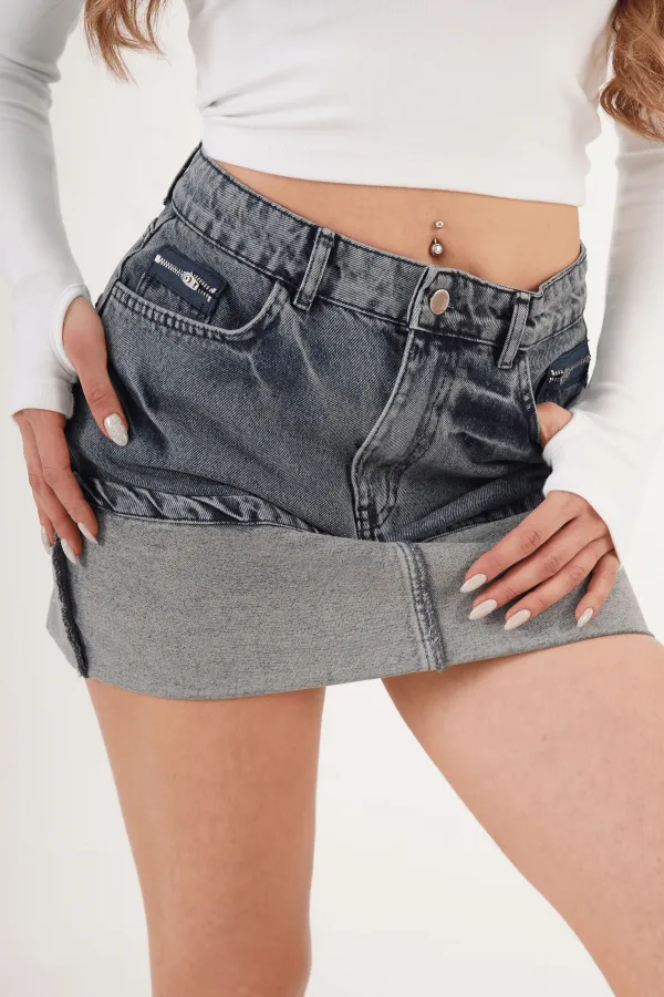 Ucu Katlama Detaylı Eskitme Mini Denim Etek