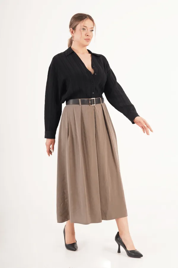 Kemerli Pilili Vizon Midi Toptan Etek