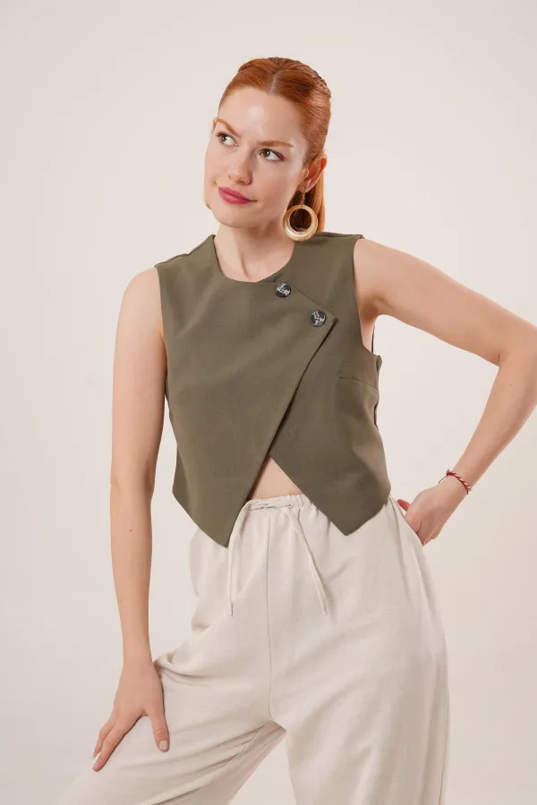 Çift Düğmeli Çapraz Model Haki Toptan Yelek