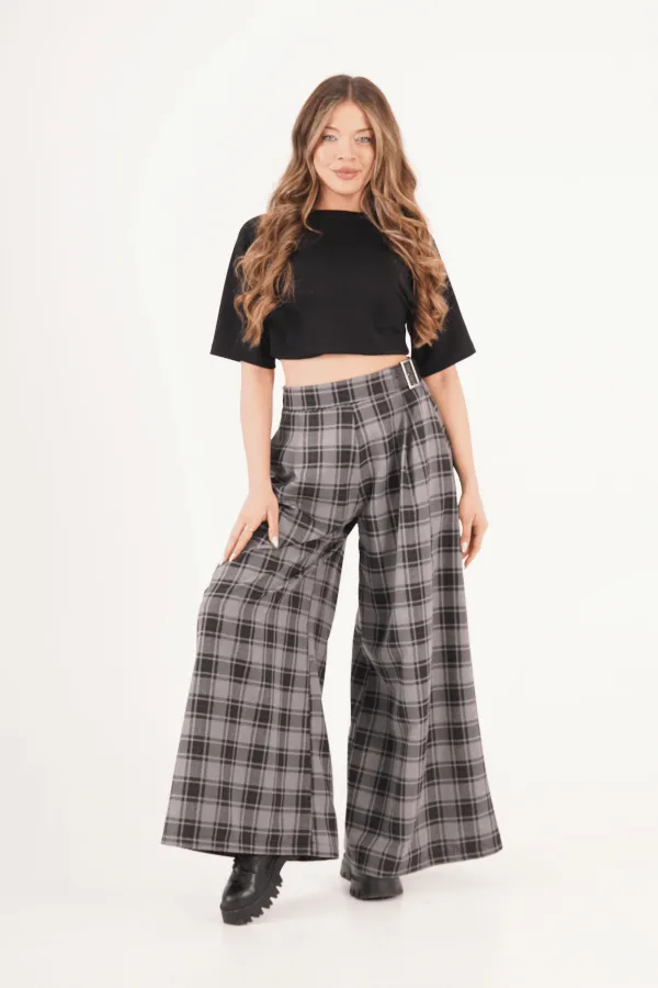 Pantalon à carreaux anthracite en gros avec ceinture détaillée