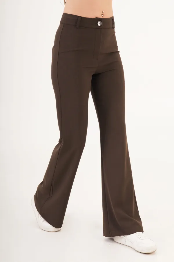 Yüksek Bel Tek Düğme Kahve Pantolon
