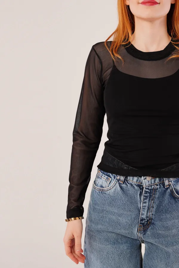 Chemisier basique en tulle noir transparent en gros