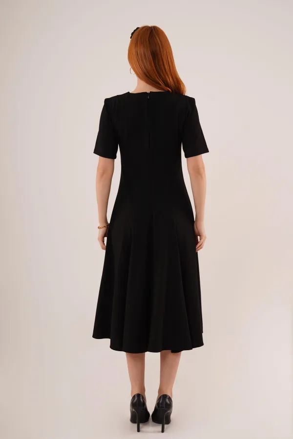 Dikiş Detaylı Kısa Kollu Toptan Siyah Uzun Elbise