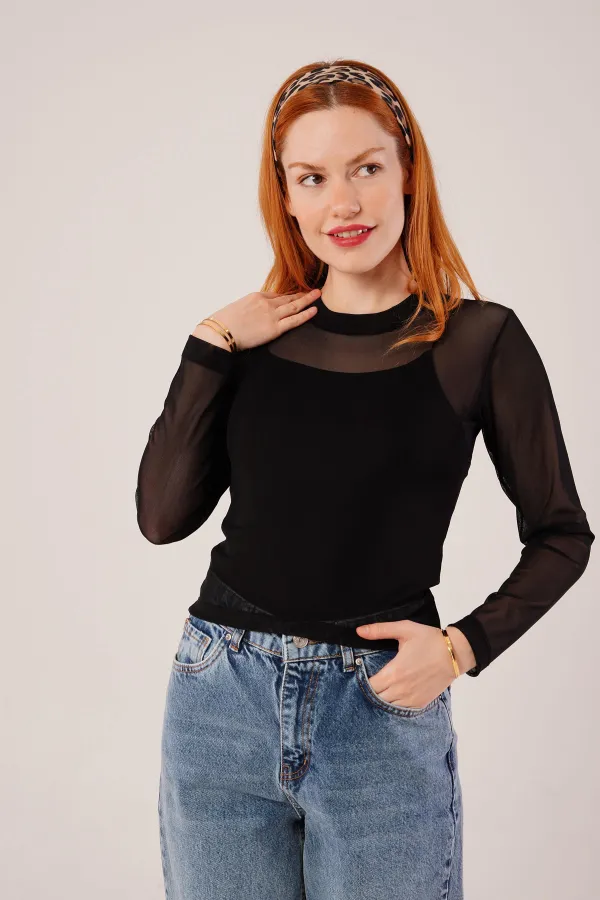 Chemisier basique en tulle noir transparent en gros