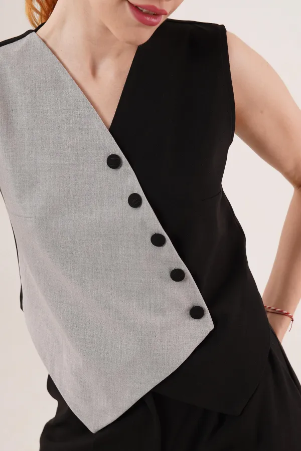 Cross Model Buttoned Black Wholesale Vest