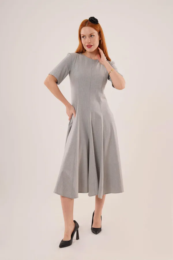 Dikiş Detaylı Kısa Kollu Toptan Gri Uzun Elbise