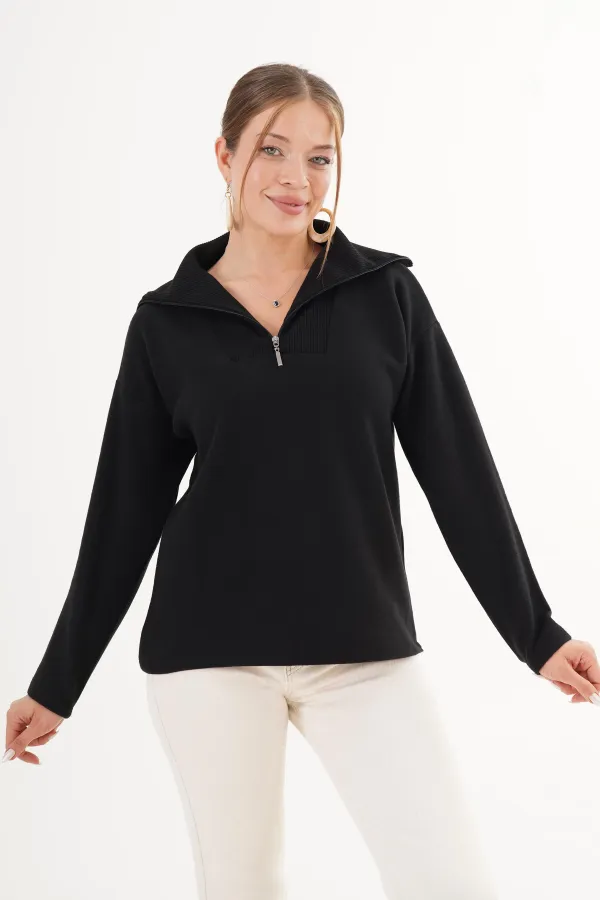 Yaka Yarım Fermuarlı Toptan Siyah Kazak