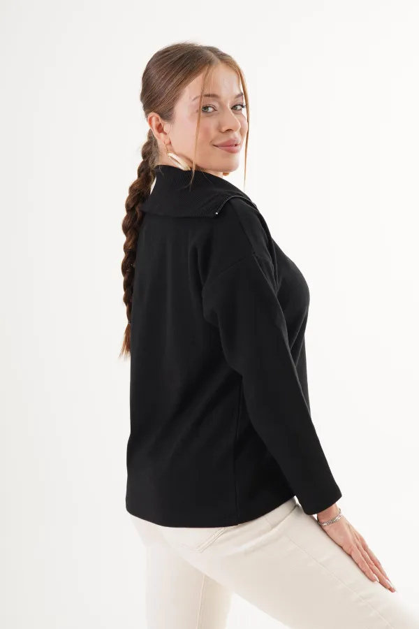 Yaka Yarım Fermuarlı Toptan Siyah Kazak