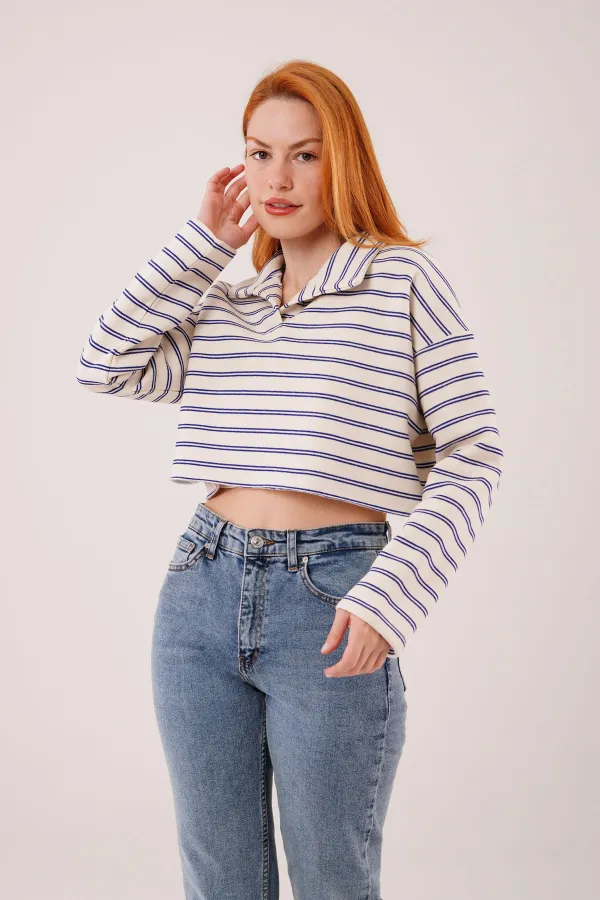 Polo Yaka Lacivert Çizgili Toptan Crop Sweatshirt