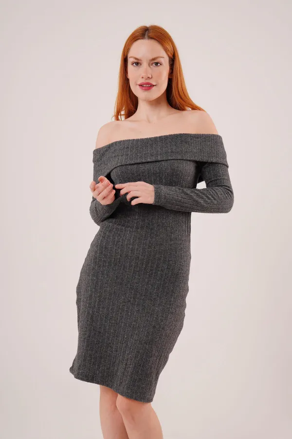 Madonna Yaka Fitilli Toptan Antrasit Triko Elbise