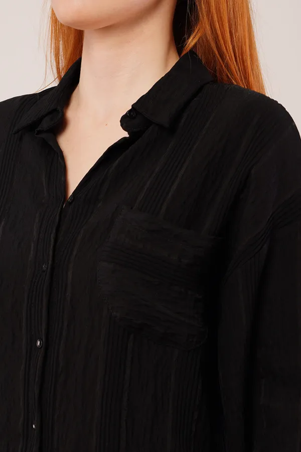 Hakim Yaka Çizgili Cep Detaylı Toptan Siyah Gömlek