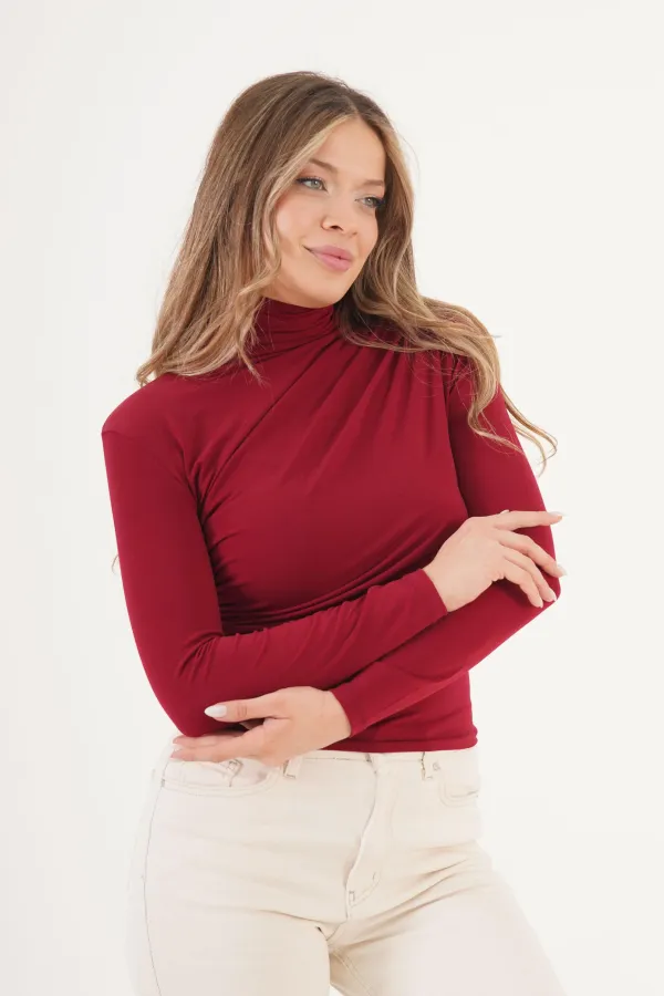 Omuz Ve Bel Büzgülü Dik Yaka Toptan Bordo Bluz