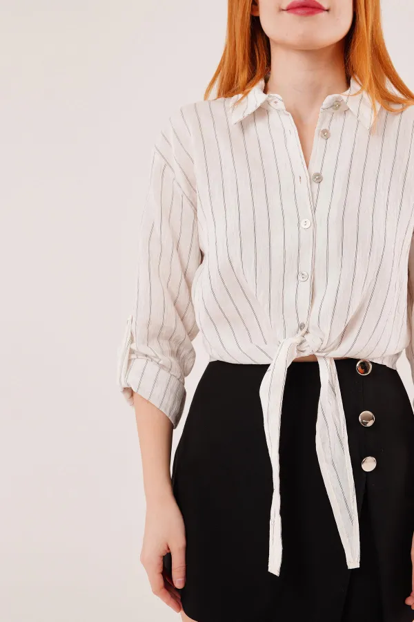 Kol Detaylı Bağlamalı Çizgili Toptan Beyaz Gömlek
