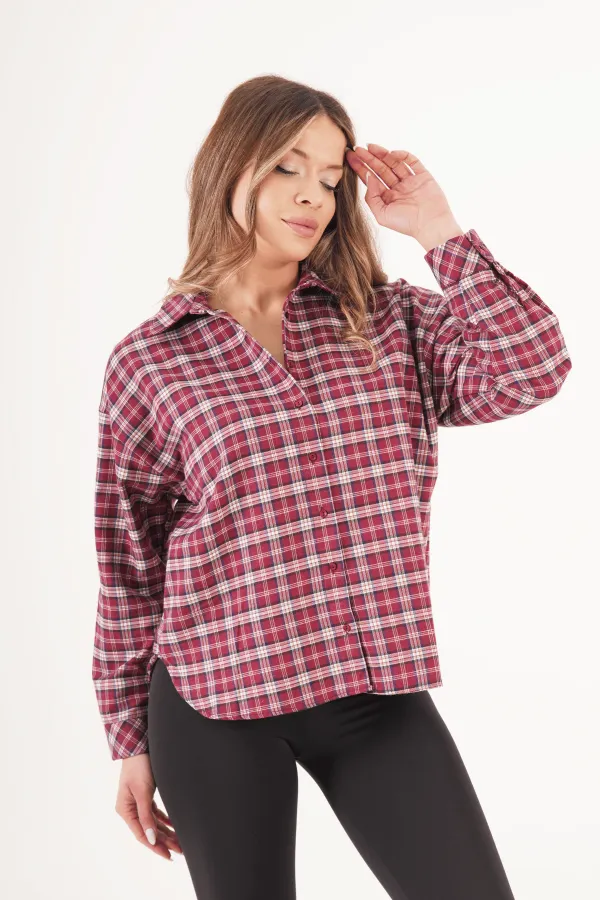 Ekose Düğmeli Bordo Oduncu Gömlek