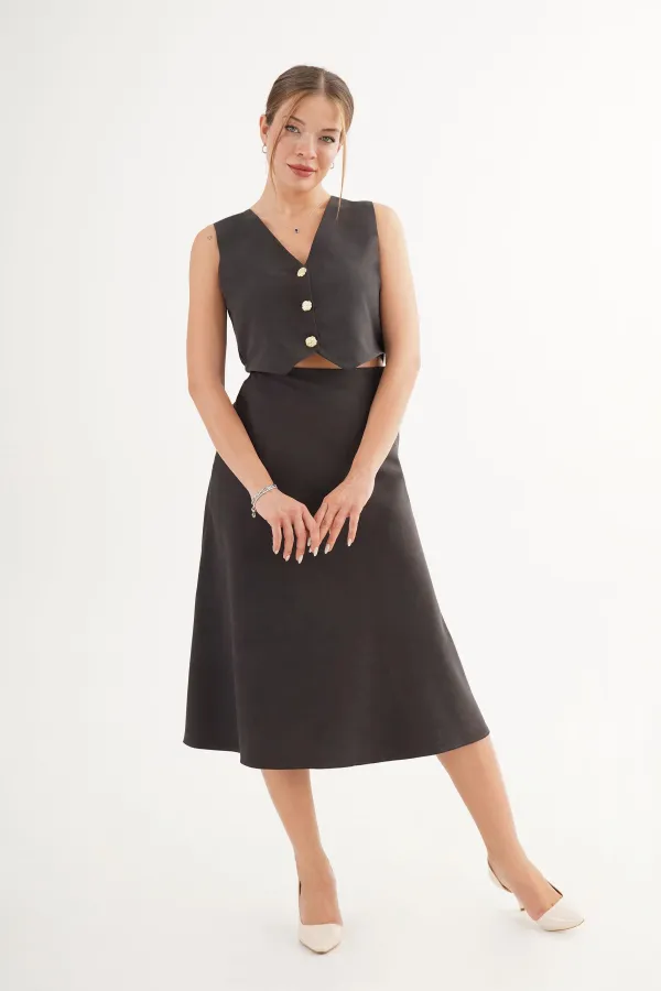 Ensemble gilet et jupe haut de gamme en daim noir, vente en gros