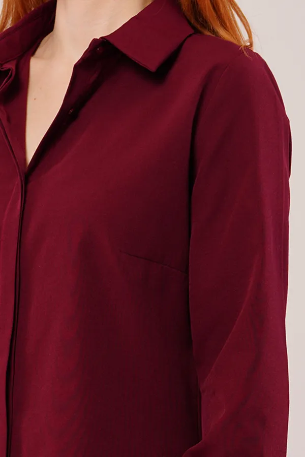 Robe chemise tunique bordeaux à manches longues en gros