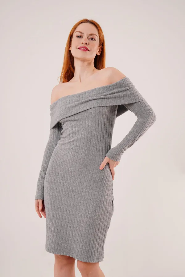 Madonna Collar Corduroy Wholesale Gray Knit Dress