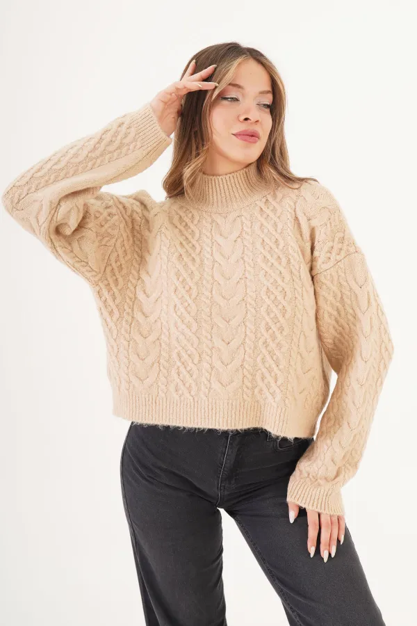 Sarmal Örgü Desenli Triko Krem Toptan Kazak
