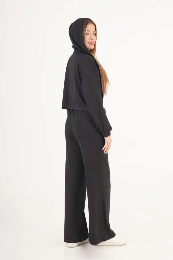 Modal Hırka Pantolon Crop Siyah Toptan Üçlü Takım