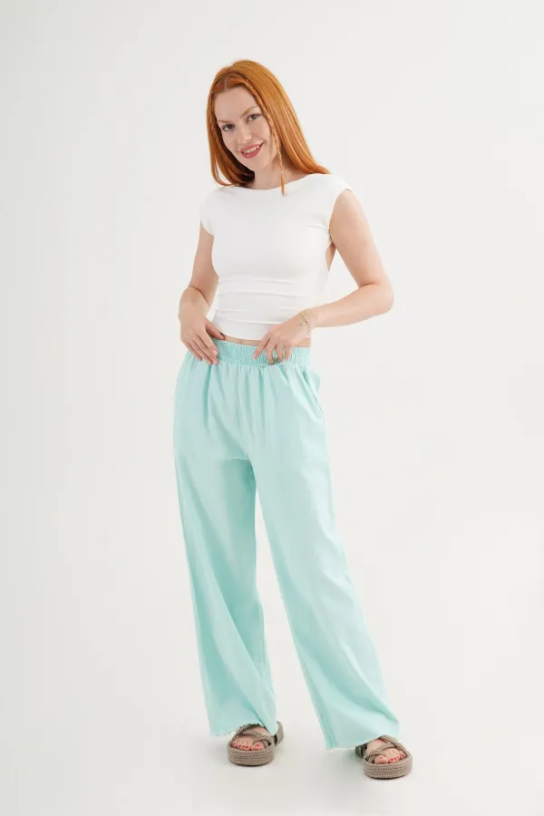 Wholesale Aqua Green Trousers with Elastic Waistband and Pocket Detail