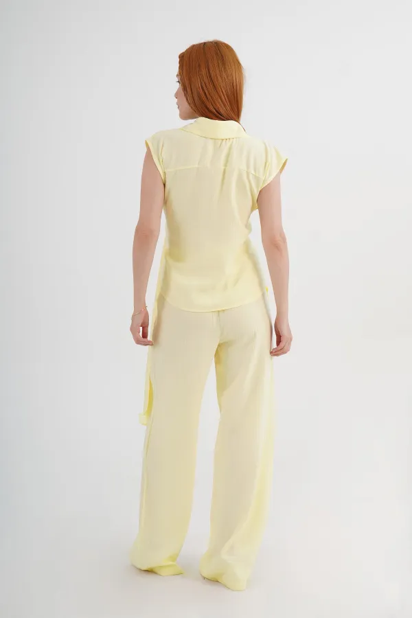Double Breasted Shirt Blouse and Trousers Wholesale Yellow Suit