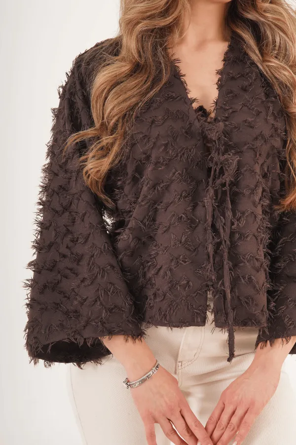 Full Saçaklı İp Bağlamalı Toptan Kahve Kimono