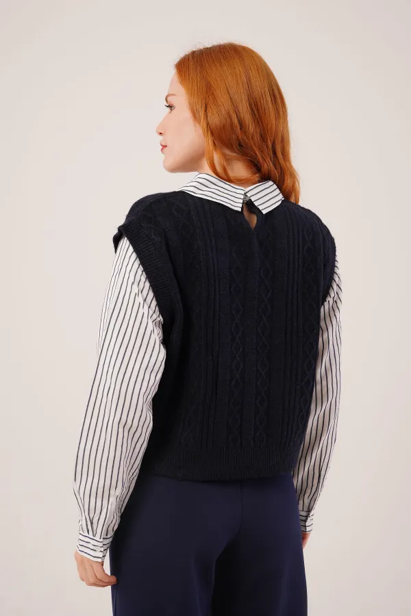 Kol Ve Yaka Gömlek Detaylı Lacivert Toptan Triko Kazak