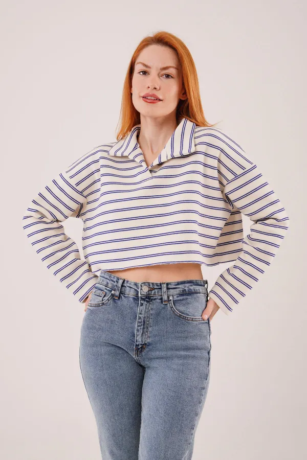 Polo Yaka Lacivert Çizgili Toptan Crop Sweatshirt