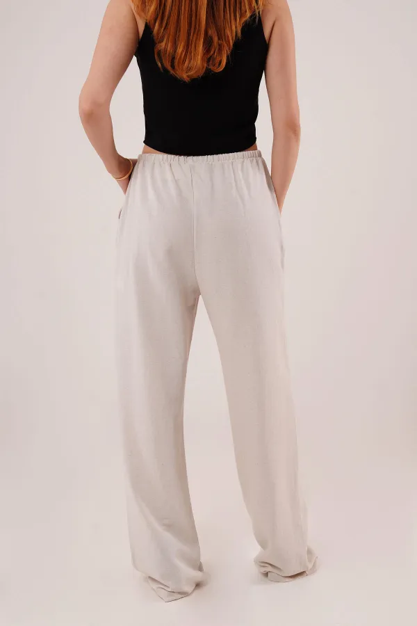 Cepli Bağlama Detaylı Keten Toptan Ekru Pantolon